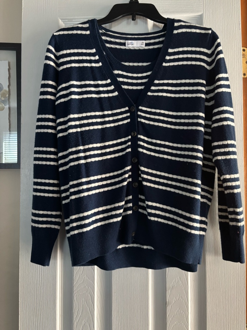 croft & barrow Navy and White Striped V‑Neck Button Cardigan